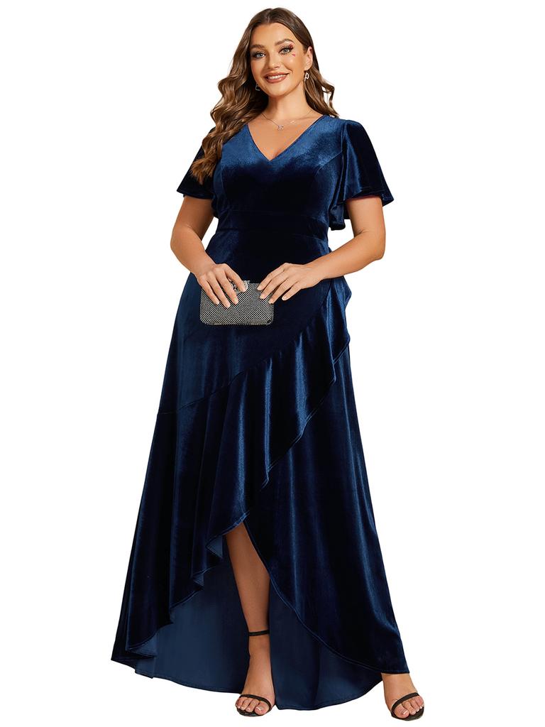 Ever-Pretty Women's Plus Size Velvet Lotus Leaf Ruffles Short Sleeves V Neck High-Low Hem Evening Dress