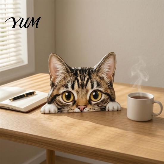 Wooden Cat Ornaments Cute Shelf Sitter Ornament, Peeking Kitten Figurine, Theme Room Decor 2D Flat Decorative Statue for Desktops And Bookshelves