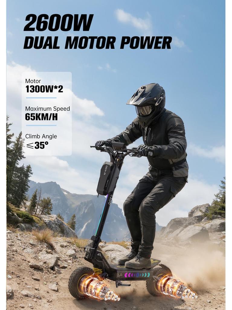 Electric Scooter Foldable OOTD 11" 1300Wx2 Motor Hydraulic Brake 52V 23.4AH Fully Suspended Adult Electric Scooter Max Load 150Kg Black T10 Pro