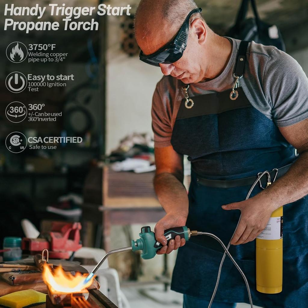 Головка пропановой горелки с пьезоподжигом, Запуск горелки триггером, MAPP-горелка с зажимом для баллона и шлангом из нержавеющей стали, Сварка, Пайка((Топливо не