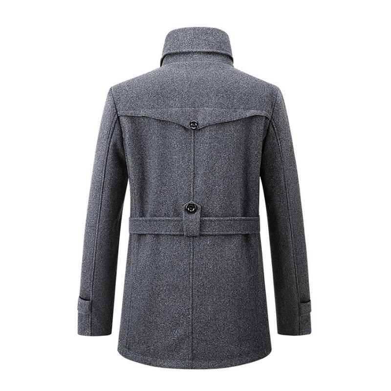 Autumn Winter Men Mid Length Coat Stand Collar Button Up Wool Jacket Casual Business Male Outerwear Windbreak
