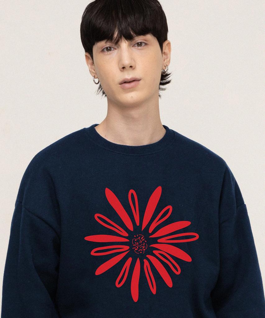 GRAVER [Unisex] Big Daisy Drawing Smile Sweatshirt_Navy