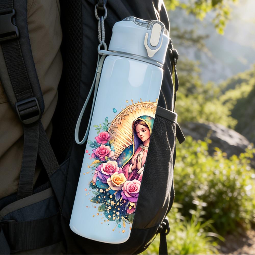 1PC Floral Round Wreath Virgin Mary 750ml Color Plastic Water Bottle Leakproof Flip Straw Lid For Sports Office Home Use