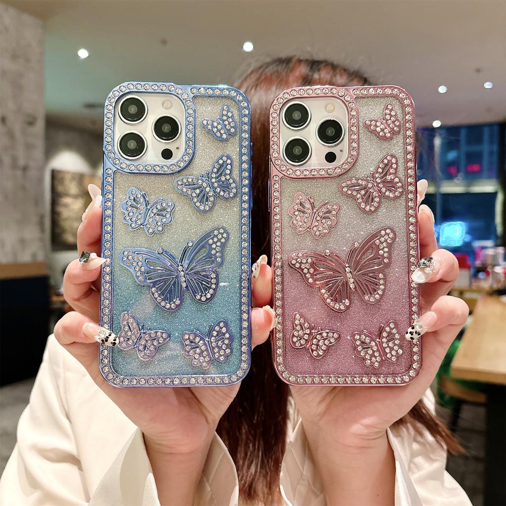 For iPhone 16 Pro Max Case Rhinestone Butterfly Decor TPU Phone Back Cover