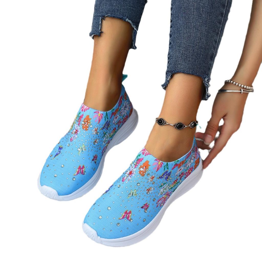 Plus Size Women's Shoes Spring Breathable Sports Casual Shoes Rhinestones Rainbow Shiny Fly Knitted Shoes Platform Running Shoes Women