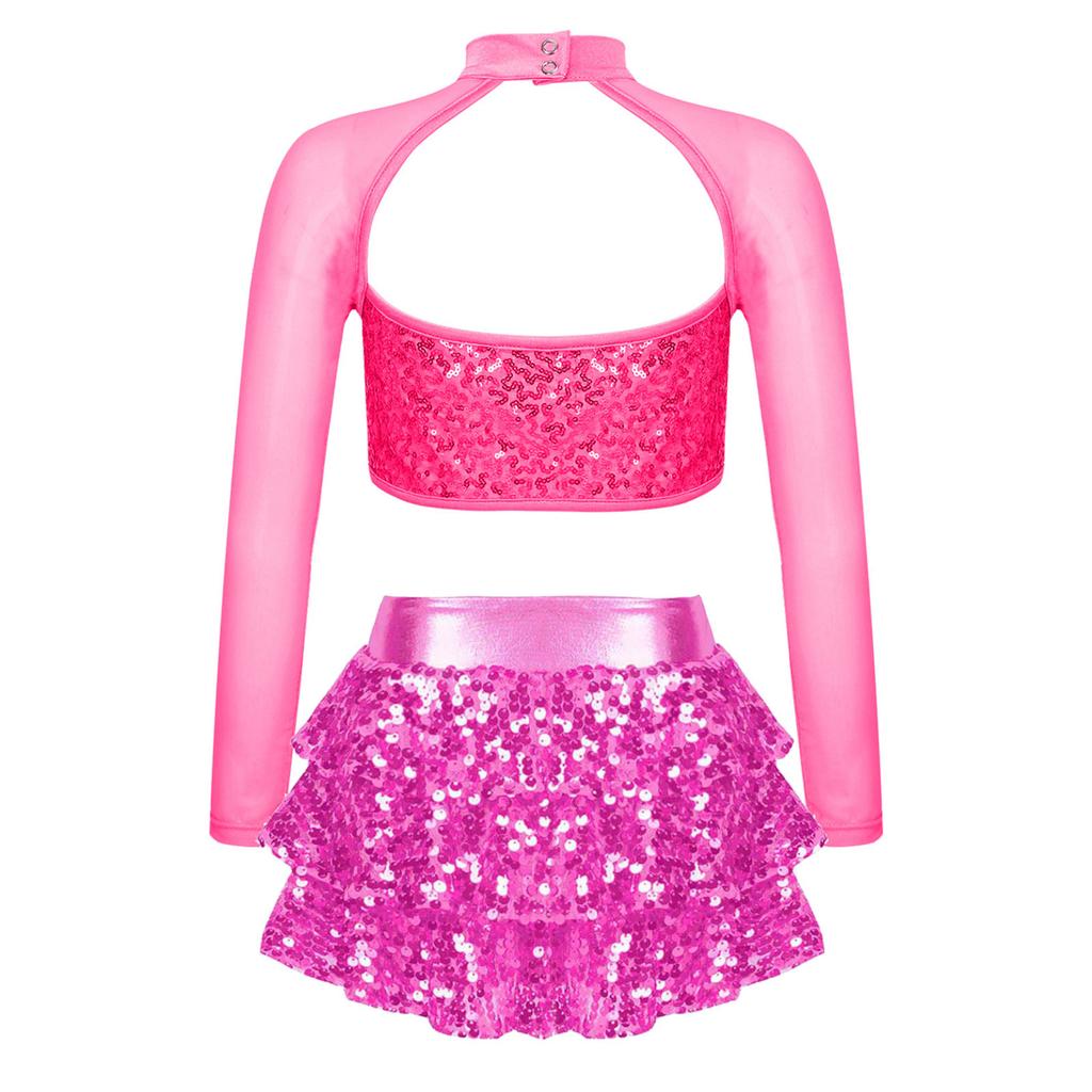 Детский наряд для танцевального выступления с блестящими пайетками для девочек, укороченный топ с длинными рукавами и вырезами, многоярусные шорты с юбкой с рюшами, шорты-кюлоты