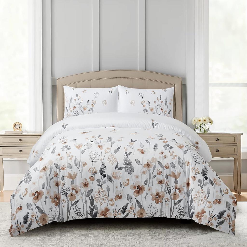 White Leaf Three-piece Quilt Cover Digital Printing Bedding Set Simple Flower Bed Cover
