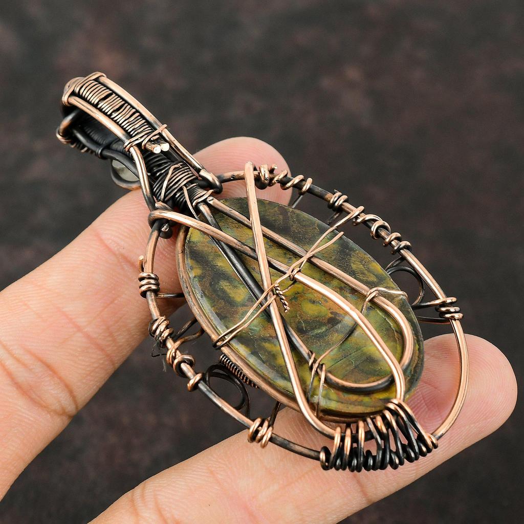 Подвеска из фруктовой яшмы от сглаза, медная проволочная обертка, подвеска из драгоценных камней, ручная работа, ювелирные изделия от сглаза, подвеска из лунного камня, проволочная обертка