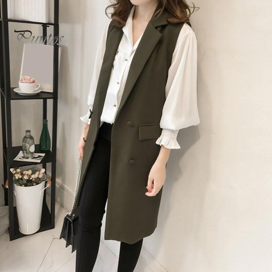 Осень-весна женский жилет с отложным воротником двубортный свободный без рукавов до колена карманы кардиган сплошной цвет повседневная одежда жилет пальто