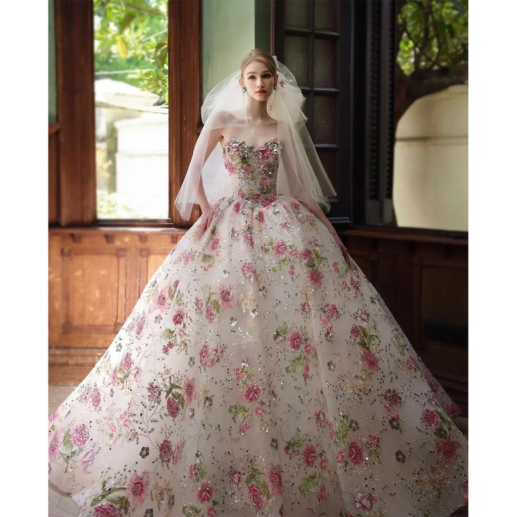 Французское свадебное платье невесты 2025 высококачественная текстура вышитый цветок мужская юбка тяжелая промышленность бюстье свадебное платье