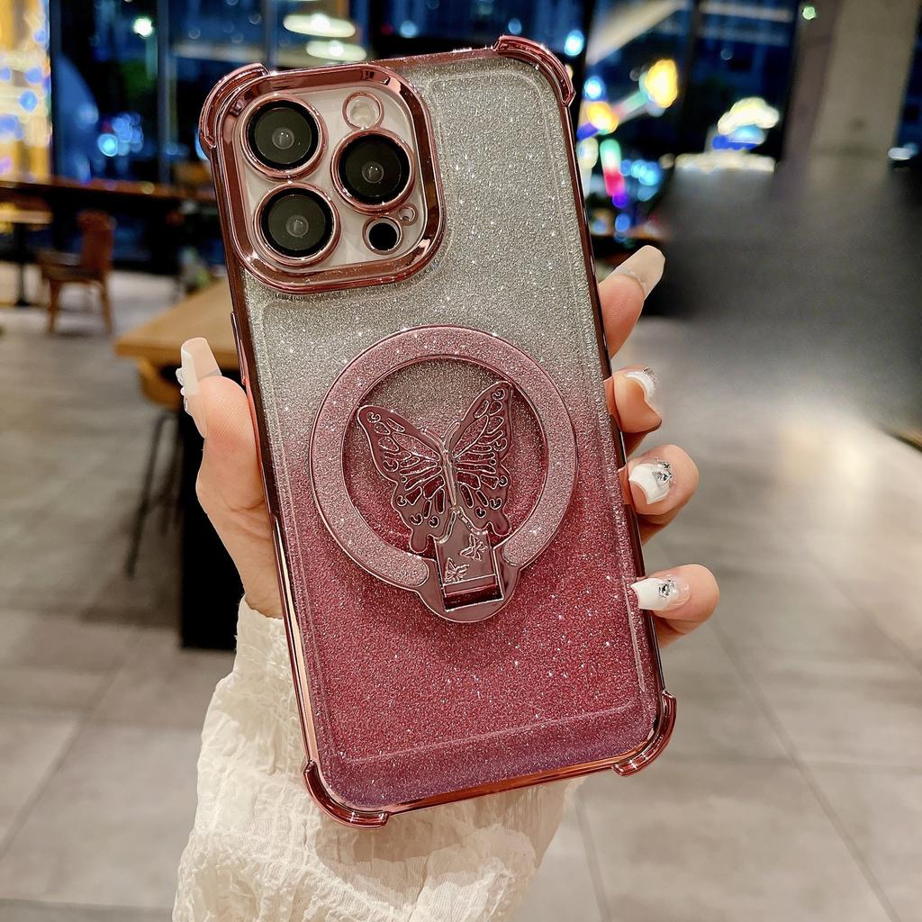 Подходит для чехла для мобильного телефона iPhone16 Магнитный чехол с блестками и подставкой-бабочкой 14 Apple 15 Четырехугольная подушка безопасности Противоударный чехол