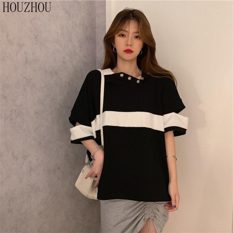 HOUZHOU Футболка ПОЛО женская летняя корейская свободная с коротким рукавом полая корейская шикарная повседневная оверсайз