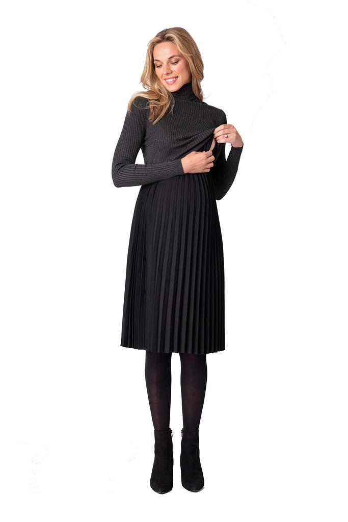 Seraphine MARIE Knit Top Pleated Maternity Midi Dress Gray X Black <Nursing Compatible> -