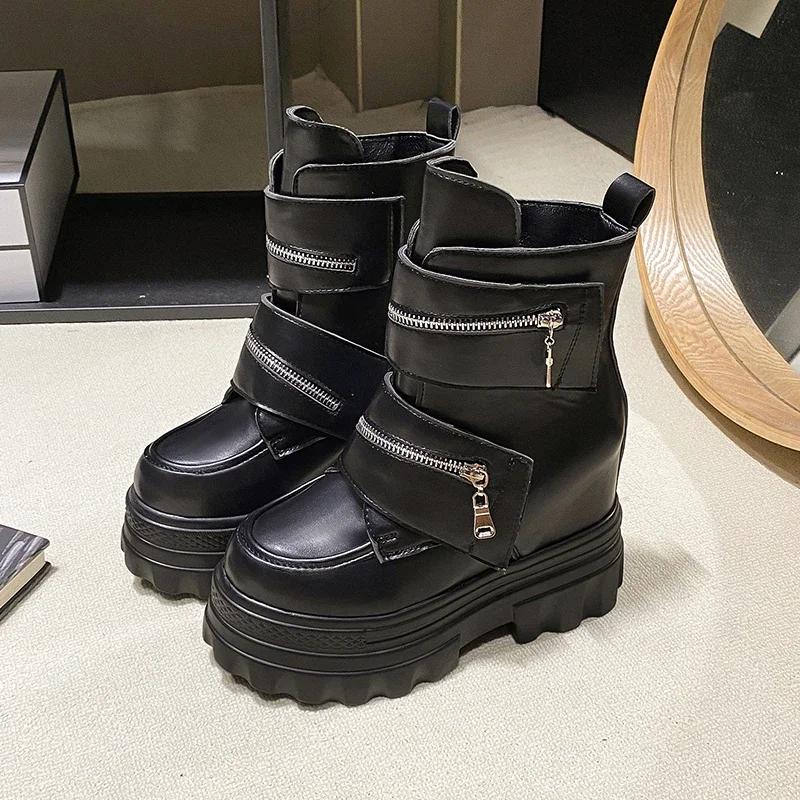 Модные женские кожаные ботильоны Осень Зима Каблуки 11 см Кроссовки Круглый носок Короткие ботинки Женские Молния Мотоциклетные Платформа Ботас 2024