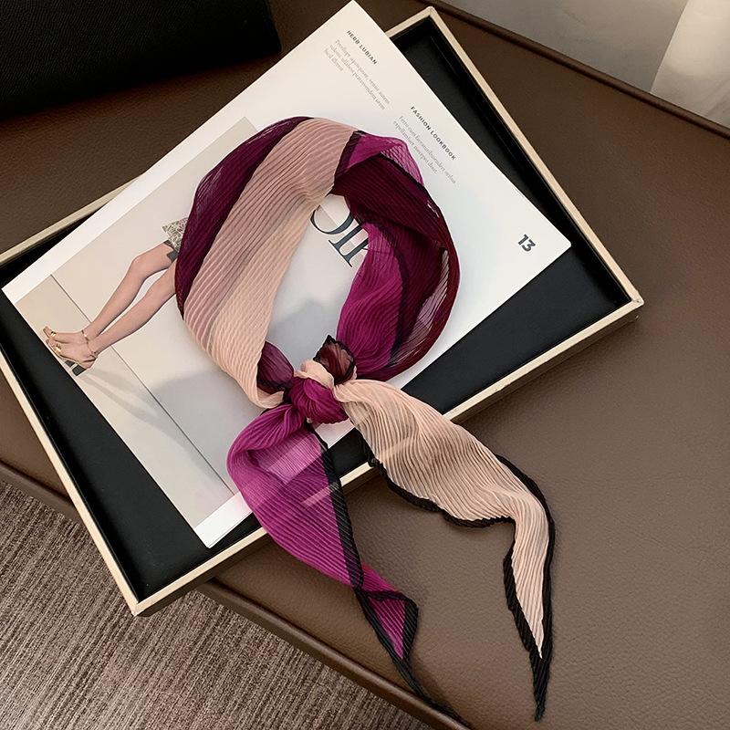 Folded Silk Scarf Women's Spring and Summer New Thin Scarf Small Scarf Versatile Fashion Commuter Color Matching Small Shawl Tied Bag Streamer