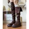 Два носят универсальные ботфорты женские ретро кожаные сапоги толстый каблук платформа сапоги для верховой езды длинные сапоги модные