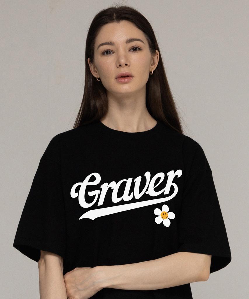 GRAVER [Унисекс] Футболка с коротким рукавом, логотип бейсбола, цветок, улыбка_Черный