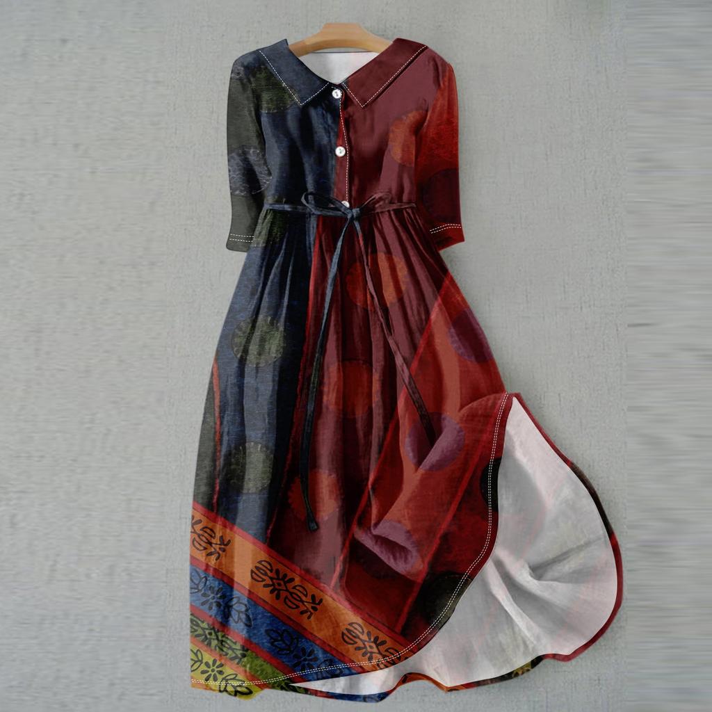 Женская мода повседневное платье с воротником на лацкане и пуговицами с рукавами 3/4 и бретелями