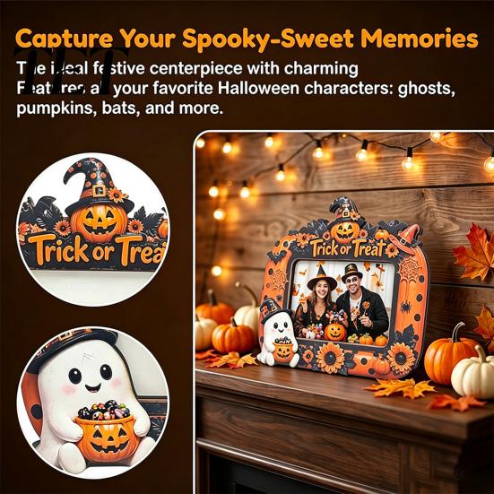 Cute Theme Picture Frame Halloween Photo Frame, Wooden Desktop Holder for Spooky Party Decoration Supplies And Festive Home Decor, Vintage Tabletop