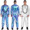 Mens Astronaut Role Play Outfit Halloween Costume Metallic Shiny Mock Neck Long Sleeve Jumpsuits Zipper Bodysuit