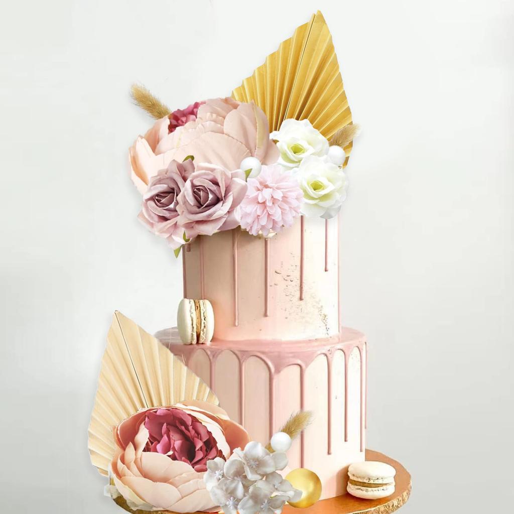32 PCS Boho Cake Topper Flower Palm Leaves Cake Decorations for Wedding Baby Shower Birthday Party Supplies Mother's Day