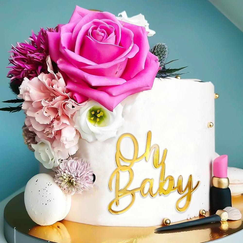 Oh Baby Cake Topper, 10pcs Acrylic Cake Toppers Oh Baby Sign Cupcake Toppers Cake Decorating Supplies Kit Cupcake Topper Mirror Gold Birthday