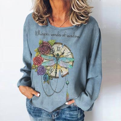 Винтажные женские футболки с буквенным принтом, футболки с длинными рукавами и рисунком стрекозы, топы, осень/зима, хлопковый пуловер, женская одежда, уличная одежда