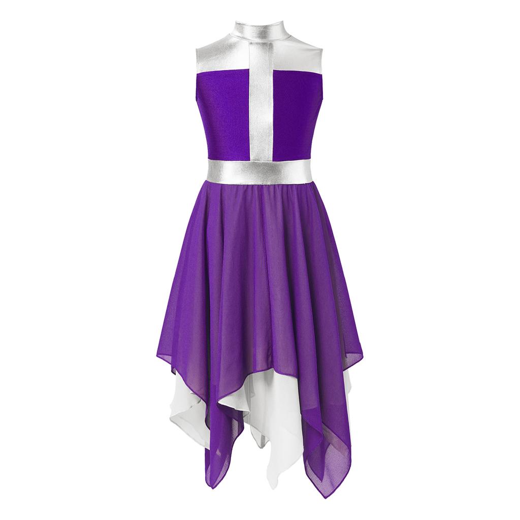 Girls Worship Dance Dress Sleeveless Chiffon Hem Contrast Design Cross Print Praise Lyrical Performance Costume