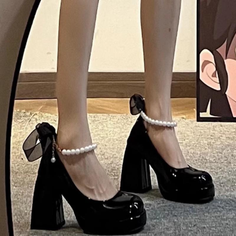 Туфли на высоком каблуке с толстым жемчужным каблуком женские весенние новинки 2025 года в стиле французской феи, простые, с увеличенным каблуком, туфли Мэри Джейн