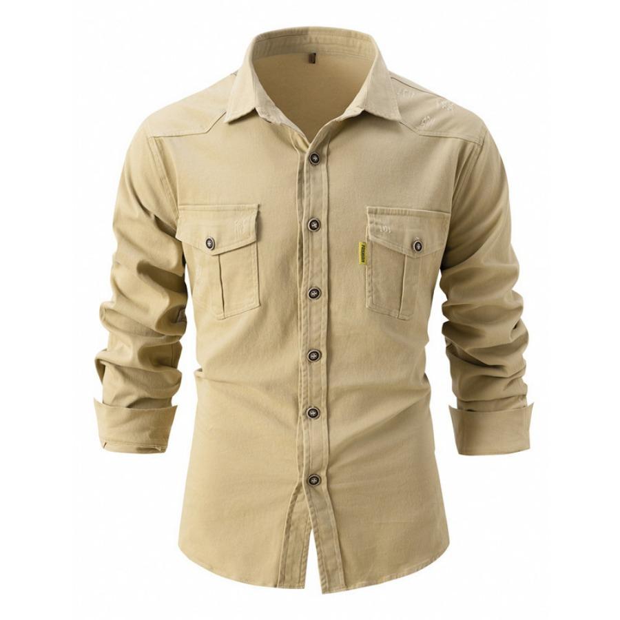 Spring Autumn Pockets Button Up Shirt Men's Washed Elastic Pure Cotton Men Long Sleeve Shirts