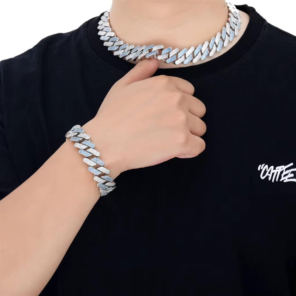 Hip Hop Jewelry 20mm Wide Silver and Blue CZ Iced Out Two Tone Miami Prong Cuban Chain Rhombus Bracelet