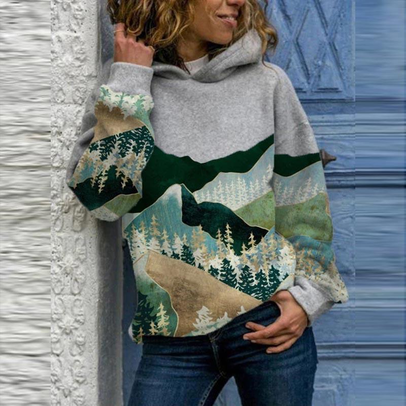 Винтажные толстовки с капюшоном Harajuku для женщин, элегантные свободные толстовки с принтом в горном стиле, весенние повседневные спортивные костюмы, топы, свободный свитер