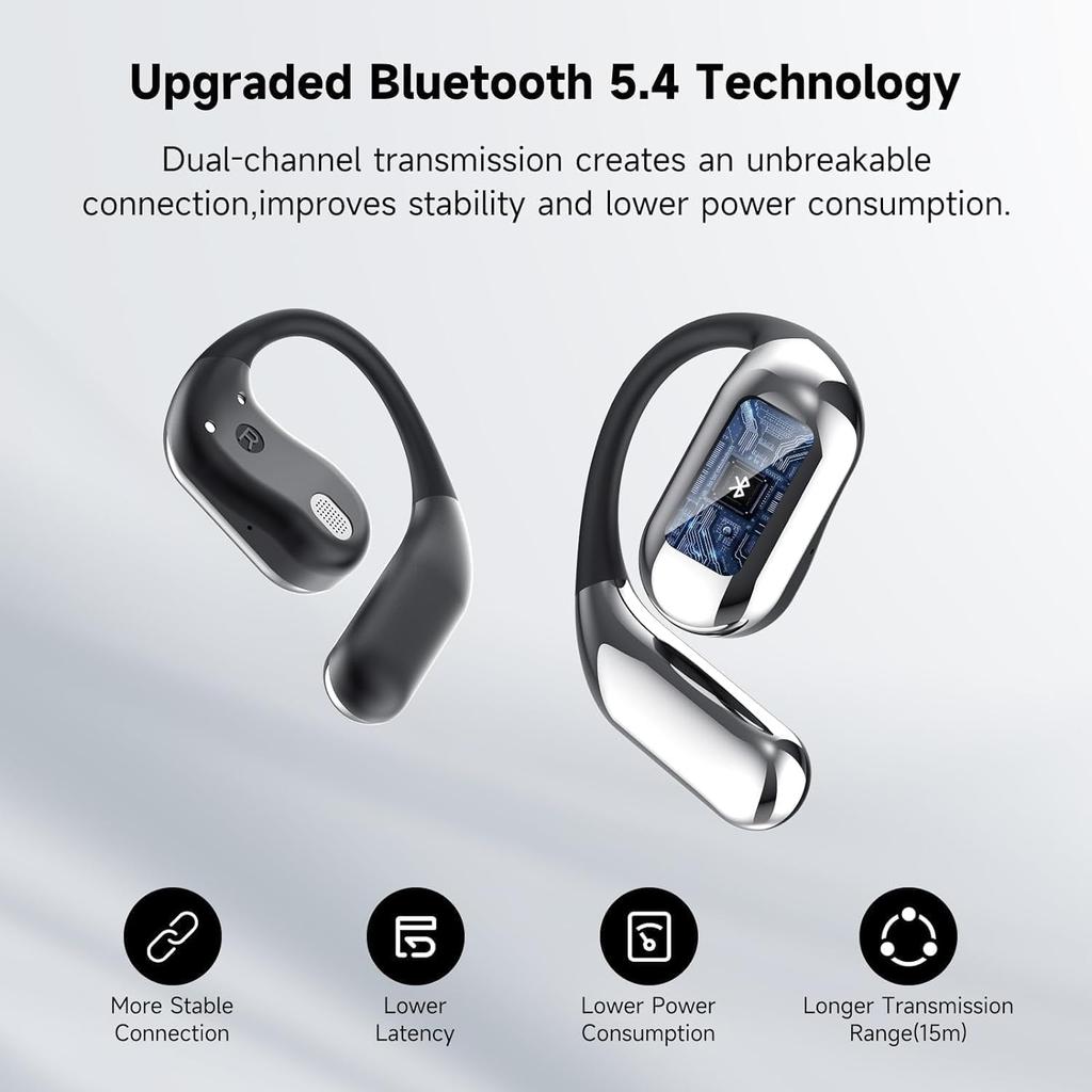 Intelligent Touch Screen Open Ear Earbuds Bluetooth 5.4 Headphones Over The Ear Earbuds 50H Playtime LED Display Charging Case Sport Over Earphones