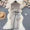 Autumn Winter Elegant Knitted Sheath Party Dress Half High Collar Long Sleeves Bow Split Female Slim Fit Sweater Dresses