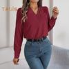 Женская рубашка с многослойным воротником, V-образным вырезом, длинным рукавом, однотонные топы свободного кроя, повседневные топы, дышащая повседневная одежда