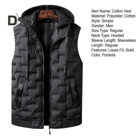 Men Cotton Vest with Removable Hood Drawstring Decoration Sleeveless Waistcoat Solid Color Zipper Placket Vest Coat