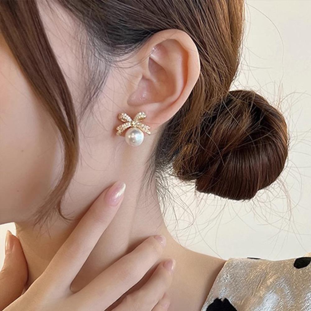 Jewelry Accessories Bow Pearl Ear Studs Light Luxury Bow Pearl Ear Hook Bow Pearl Earrings  Gifts