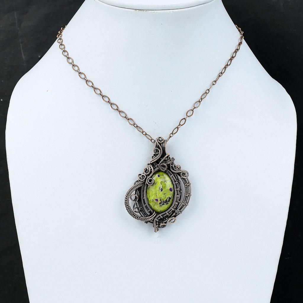 Кулон из стихтита, кулон в обертке из медной проволоки, кулон из натурального драгоценного камня, ювелирные изделия из медной проволоки, кулон ручной работы, подарок для нее, ювелирные изделия из стихтита