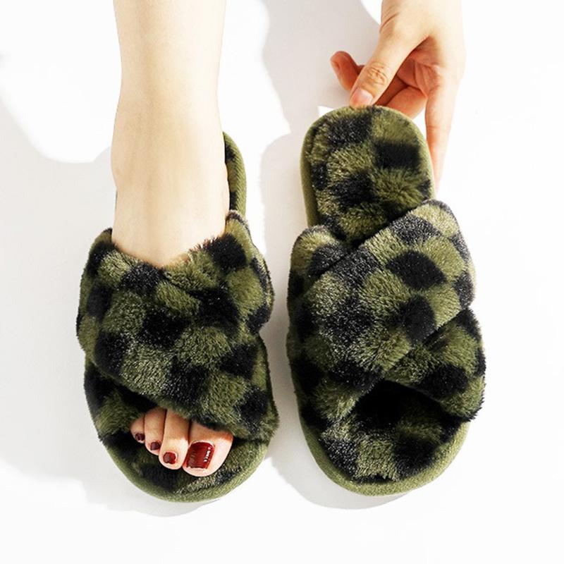 Клетчатые женские тапочки, осенняя мода, клетчатые крестообразные плюшевые тапочки, открытые носки, плоские домашние тапочки, фланелевые теплые домашние хлопковые туфли