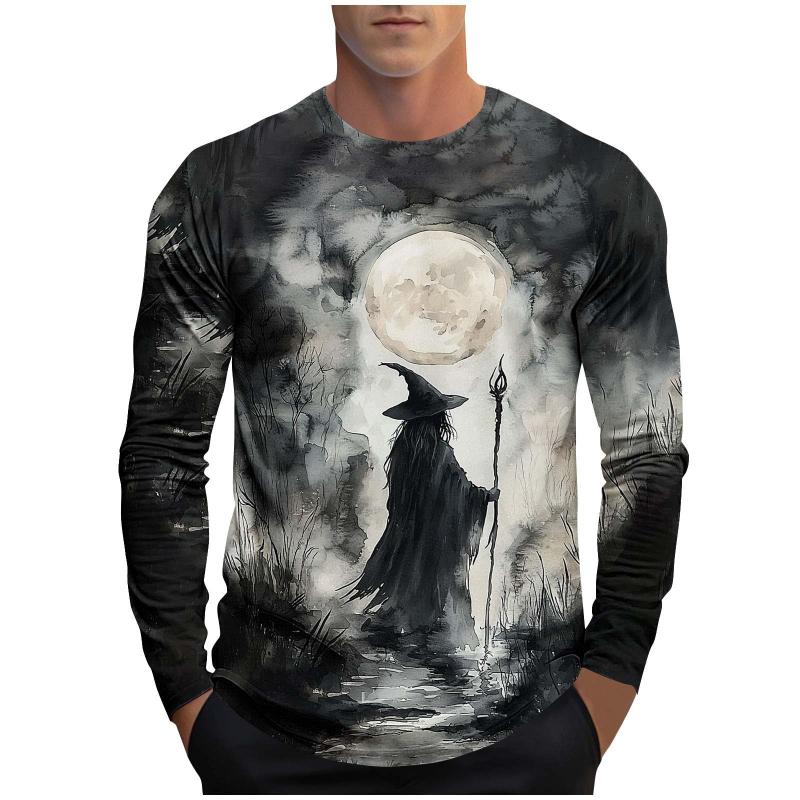 Осень 2025 Новая Повседневная Мода Мужской Топ с Круглым Вырезом Принт 3D Волшебник и Тыква Стильная Крутая Футболка Одежда Y2K