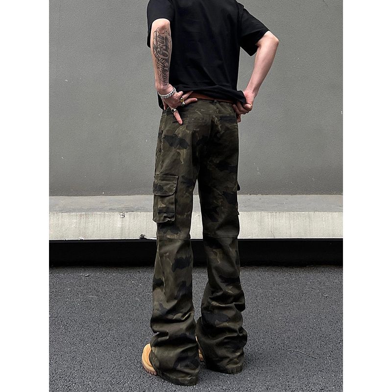 Blaexit Американские ретро-брюки-карго с камуфляжным принтом, множеством карманов, прямым кроем, зауженные к низу, слегка расклешенные, повседневные