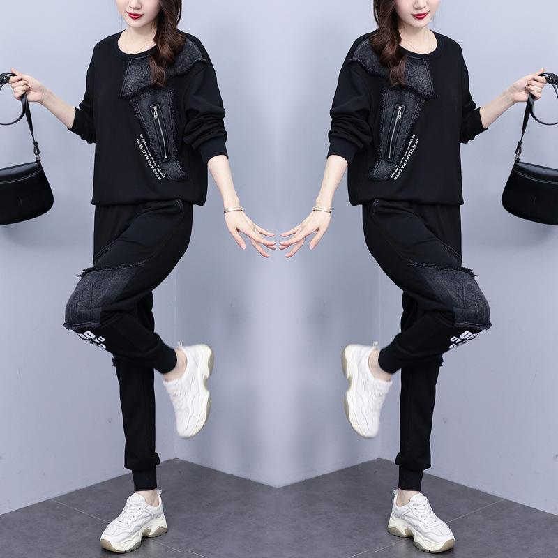 Весенне-осенний костюм женский свободный свитер с джинсовой вставкой с принтом с длинным рукавом из двух частей повседневный большого размера женская одежда