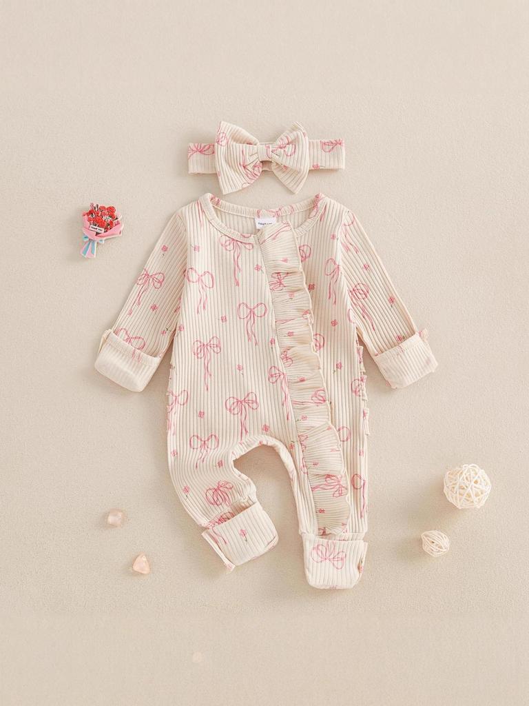 Боди с принтом бабочек, длинным рукавом и бантом - Хлопковый в рубчик для новорожденных, Весенне-осенний стиль