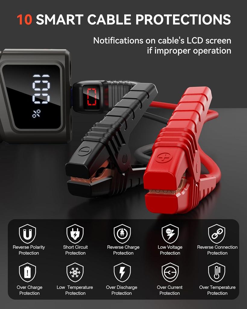 Портативное пусковое устройство для автомобиля 2000А 12В с ЖК-дисплеем, USB QC3.0, светодиодной подсветкой, пусковыми проводами