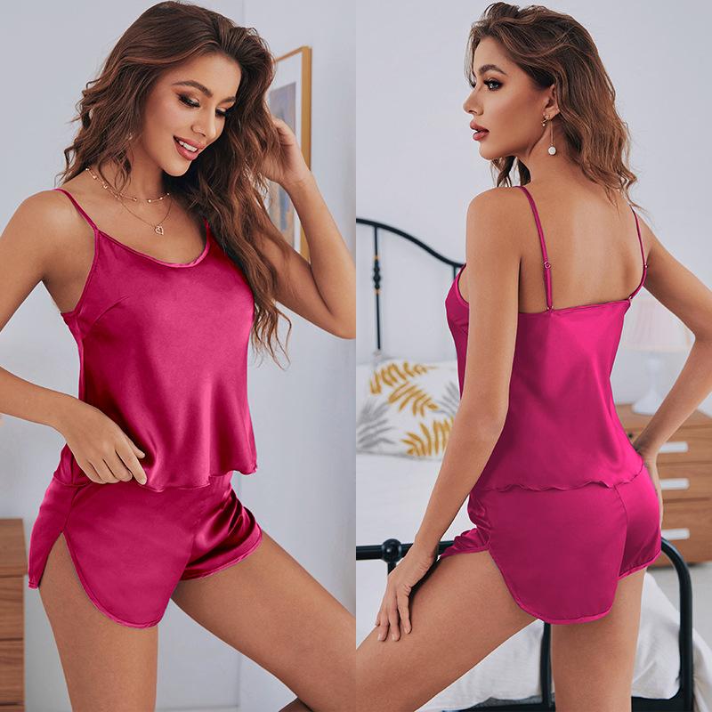 Women's Summer 2 Piece Loungewear Set Solid Satin Homewear Cami Top Shorts Pajama Set Thin Sexy Sleepwear