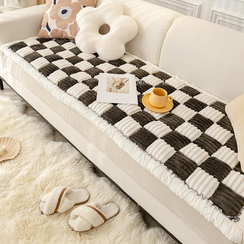 Thicken Plush Sofa Cushion Living Room Nonslip Sofa Mat Black White Lattice Couch Cushion Home Furnishings Piaochuang Tatami Mat