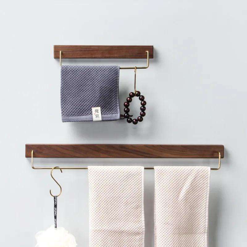 Black Walnut Wood Towel Rack Wall Mounted Retro Towel Bar Wooden Holder Brass Towel Rail Brass Hooks for Bathroom Kitchen