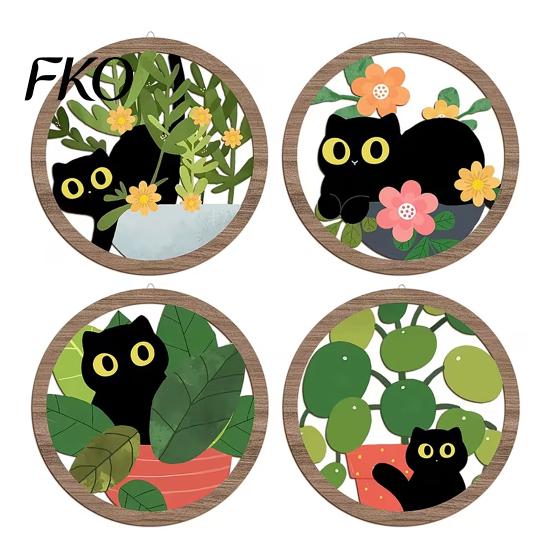 Retro Black Cat Wall Piece 4PCS Sign, with Warm Grain Texture Wood Art, Scratch-Resistant Rounded Corner Wooden Art Home Decor, Nordic Style