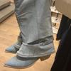 2024 Pleats Blue Denim Thigh High Boots for Women 2024 Autumn Thick Heeled Pointed Toe Cowboy Boots Woman Slip On Western Long Boots