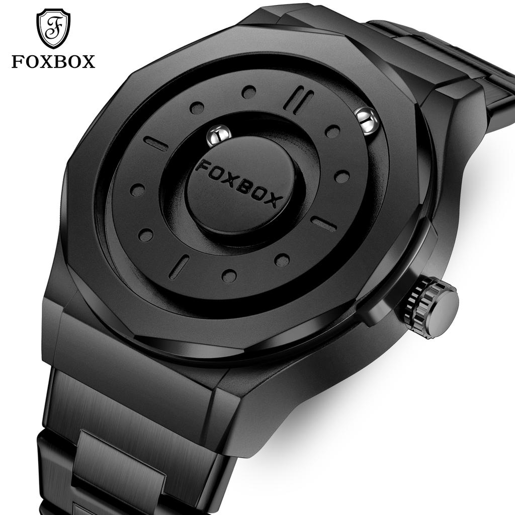 FOXBOX Men's Watches Stainless Steel Quartz Watch Creative Scrolling Pointer Magnetic Force Wrist Clock Relogios Masculino+Box